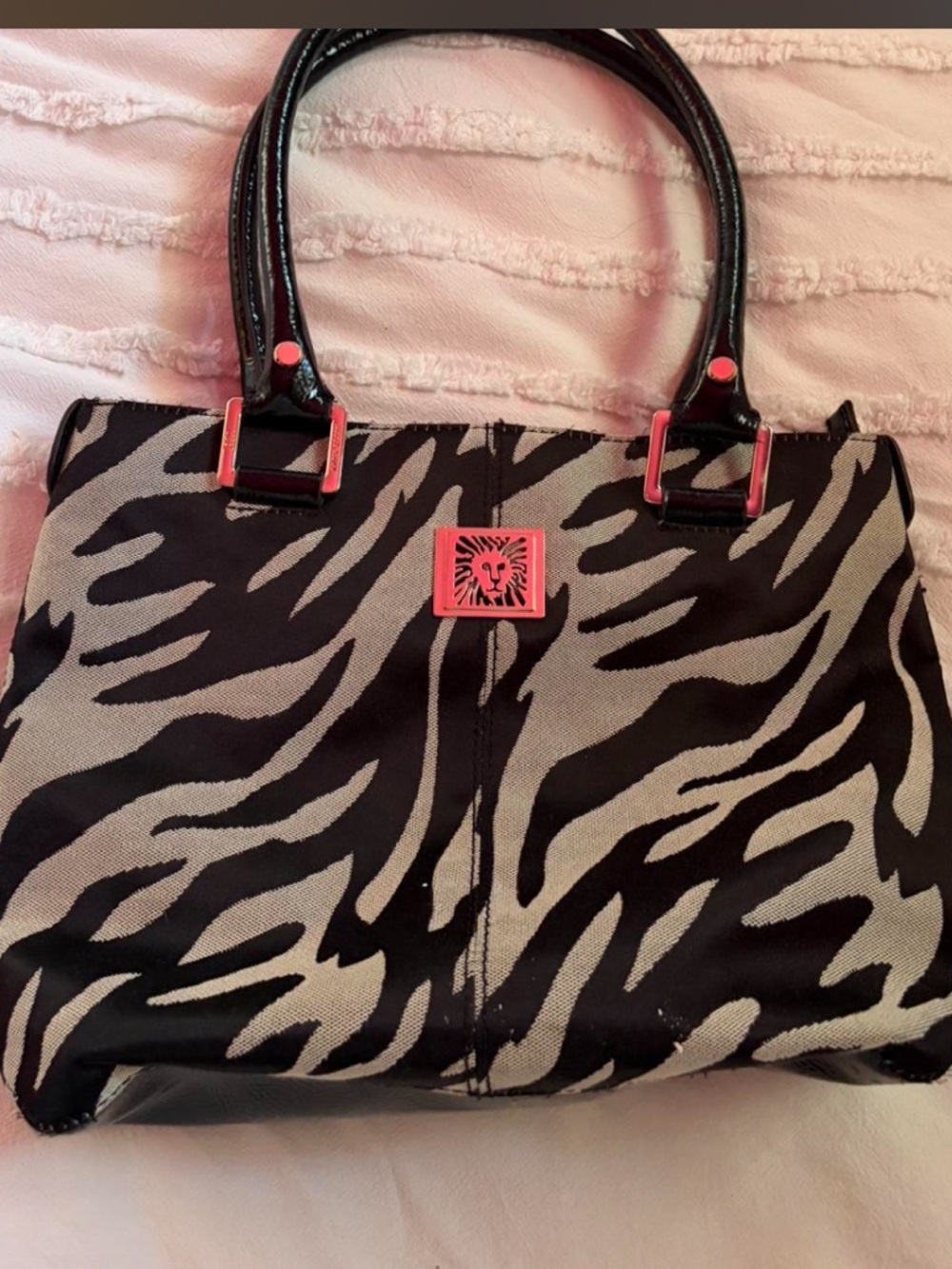 Nine West Black and White Zebra-Print Satchel with Pink Accents
